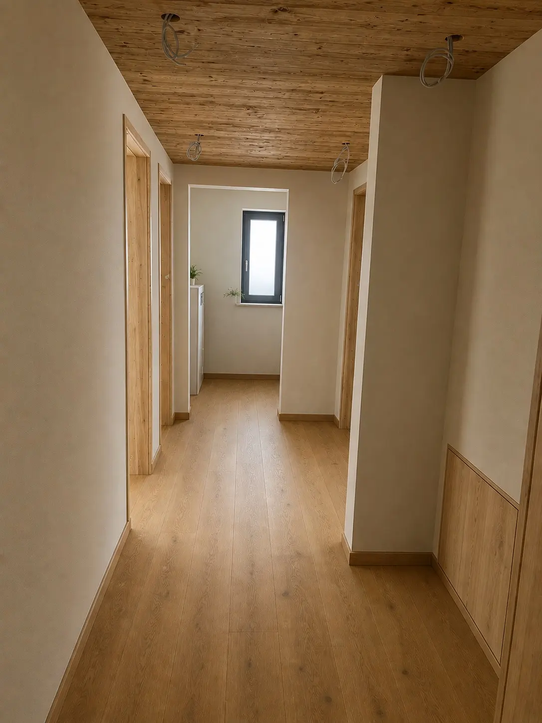 Flur mit Holzdecke, Blick Richtung Zimmer