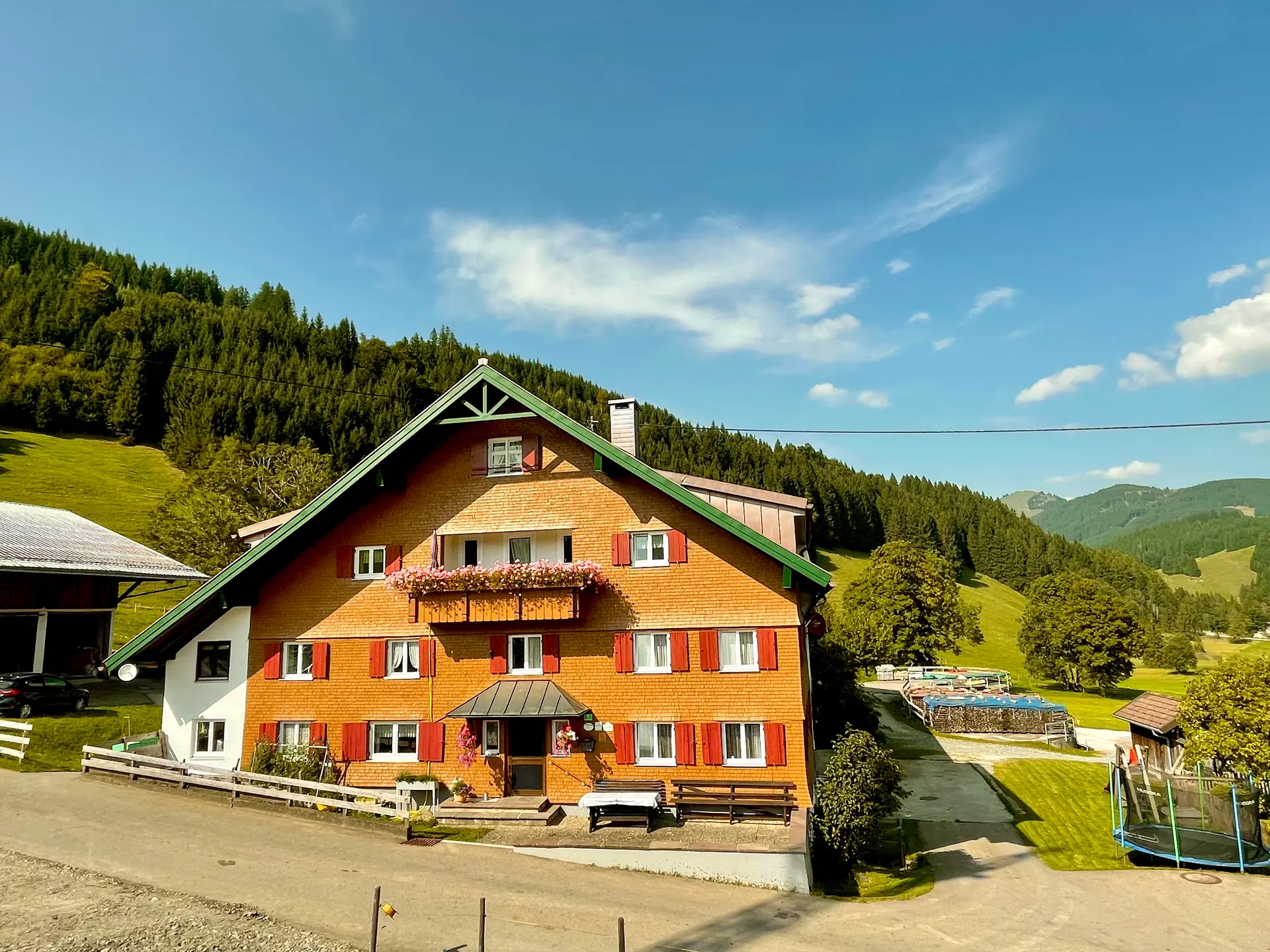 Das Bauernhaus am Hof in Unterjoch, dahinter bewaldete Hänge